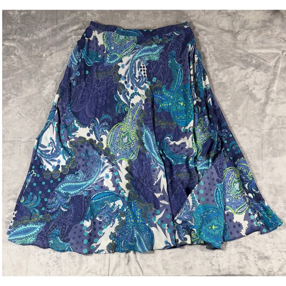 Roz & Ali Womens Blue Paisley Patchwork A-Line Midi Skirt Lined Large